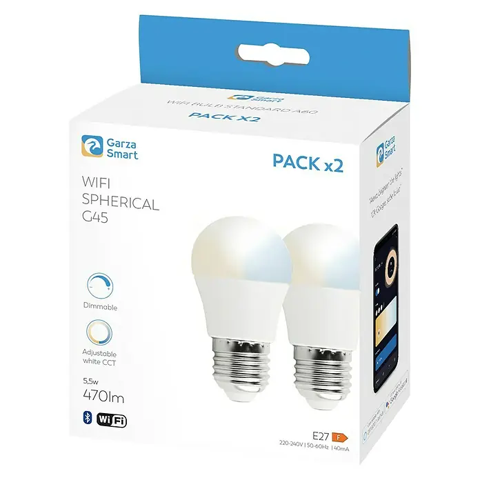 Garza Bombilla LED inteligente Pack - E27, Capacidad de atenuación: Intensidad regulable, Blanco cálido, 470 lm, 5,5 W - Paquete de bombillas inteligentes Garza Smart WIFI Spherical G45. La bombilla inteligente es regulable y tiene temperatura de color blanca ajustable.