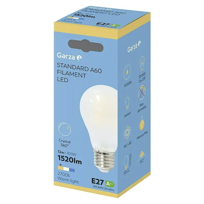 Garza Bombilla LED Filamento - E27, Blanco cálido, 1.520 lm, 12 W, Mate - Paquete de una bombilla LED de filamento Garza Standard A60, que proporciona luz blanca cálida y ahorro de energía con 1520 lúmenes.
