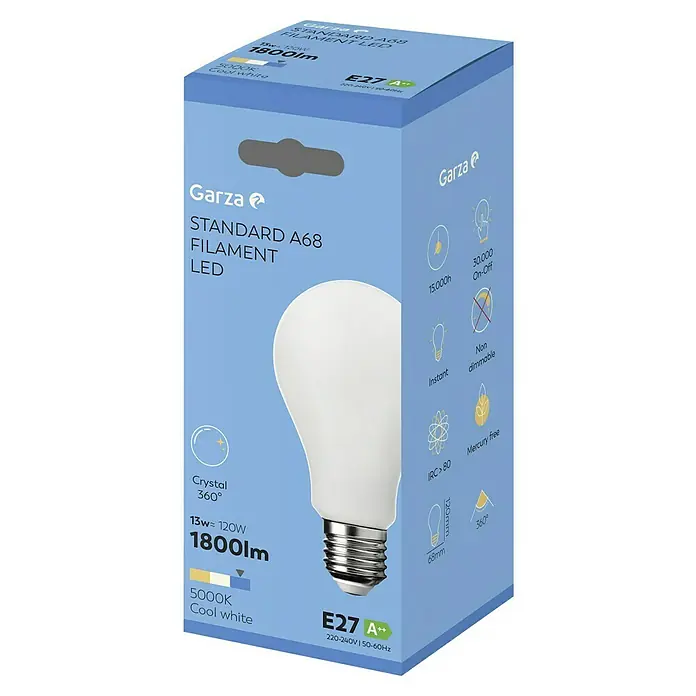 Garza Bombilla LED Filamento - E27, Blanco frío, 1.800 lm, 13 W - Imagen de una bombilla LED de filamento Garza Standard A68, 1800lm, 5000K, Cool White.