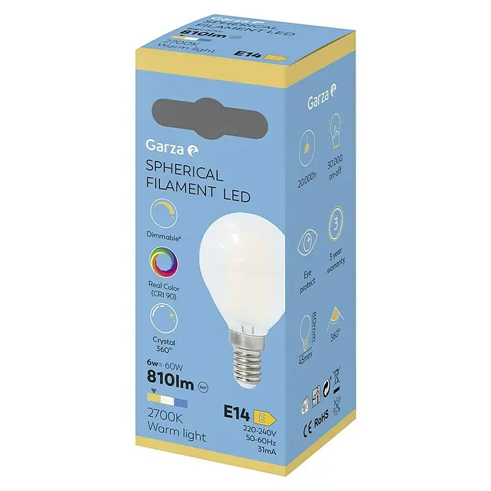 Garza Bombilla LED Filamento Regulable - E14, Intensidad regulable, Blanco cálido, 810 lm, 6 W, Redonda, Mate - Imagen de una bombilla LED de filamento esférico Garza E14, 6w equivale a 60W, que ofrece 810lm de luz blanca cálida.