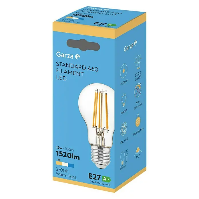 Garza Bombilla LED Filamento - E27, Blanco cálido, 1.520 lm, 12 W - Imagen de una bombilla LED de filamento Garza Standard A60.