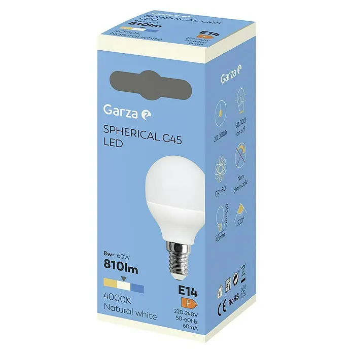 Garza Bombilla LED - E14, Blanco neutro, 810 lm, 8 W, Redonda - Imagen de una bombilla LED Garza Spherical G45 con base E14, 8W, 810lm y temperatura de color de 4000K, ideal para iluminación ambiental.