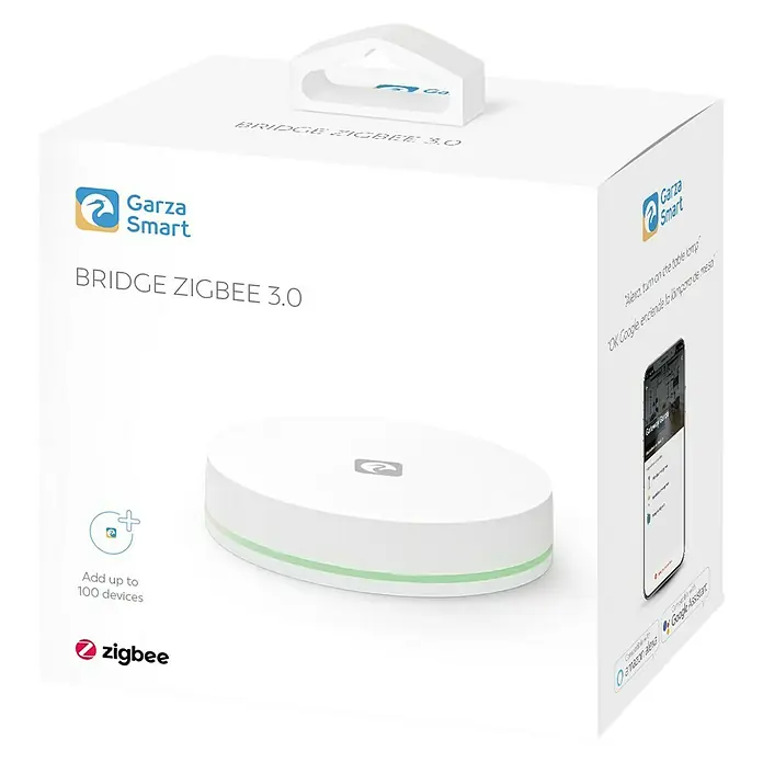 Garza Controlador inteligente Bridge LAN Wifi Zigbee 3.0 - Gateway LAN Smart Zigbee 3.0 Garza. - Paquete del producto para un Garza Smart Bridge Zigbee 3.0, un dispositivo para controlar hasta 100 dispositivos, compatible con Alexa y Google Assistant.