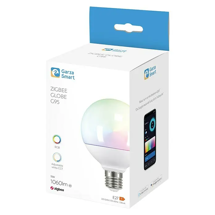 Garza Bombilla LED inteligente Zigbee - E27, RGBW, 1.060 lm, 11 W, Redonda - Embalaje del producto de una bombilla LED Garza Smart Zigbee Globe G95 con función de color y control por app.