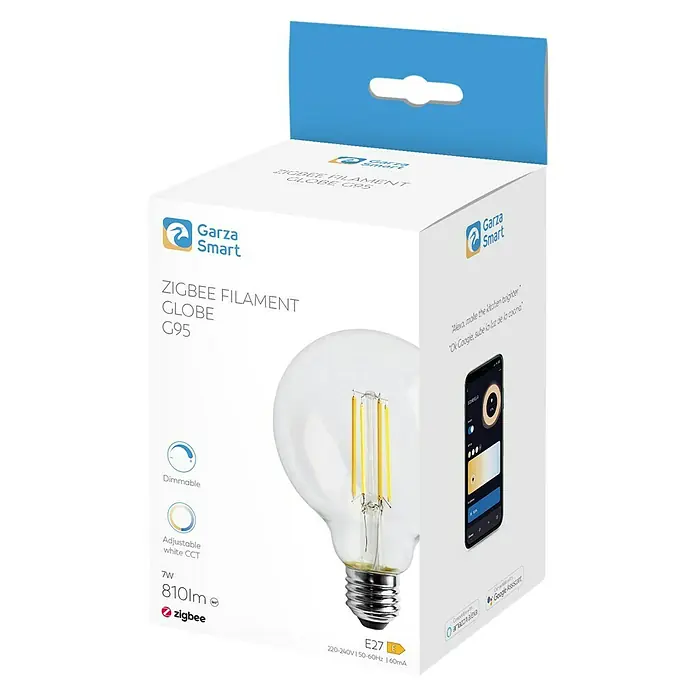 Garza Bombilla LED inteligente Zigbee filamentos - E27, Blanco cálido, 810 lm, 7 W - La imagen muestra una bombilla inteligente Garza Smart G95 Zigbee Filament Globe, destacando su compatibilidad y funciones inteligentes.