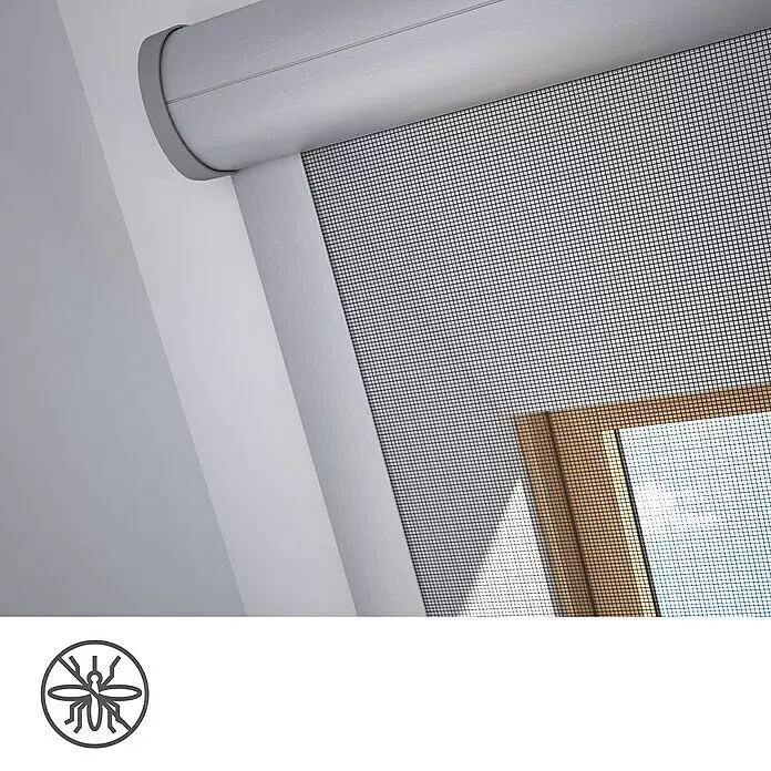 Solid Elements Insektenschutz-Dachfenster ZIA - B x H: 78 x 160 cm - Grauer Insektenschutz-Rollo mit schwarzem Netz am Fenster, zeigt Mückenschutz an.