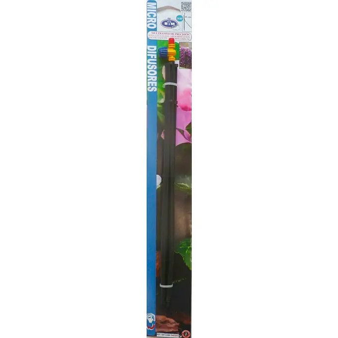 Varilla con microdifusor - Formas de riego: 360°, Largo: 30 cm, 1 ud. - Imagen del B&M Micro Difusor, un multi-goteo de precisión para riego, con conexión azul y amarilla y varilla negra.