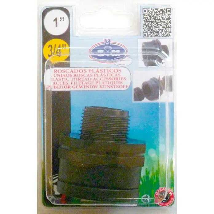 Manguito reductor H-M - Rosca exterior: ¾″, Rosca interior: 1″ - Foto del producto de un juego de accesorios de plástico de 1" y 3/4", empaquetado con accesorios de rosca en varios idiomas.