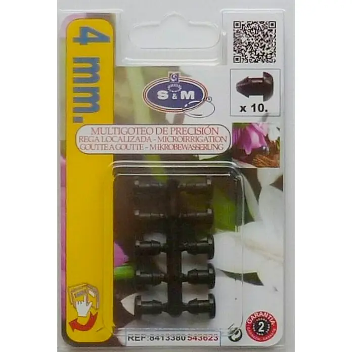 Tapón final Goteo - Diámetro: 4 mm, 10 ud. - Imagen del producto de un paquete de 10 piezas en forma de T para microirrigación de 4 mm para un riego localizado de precisión.