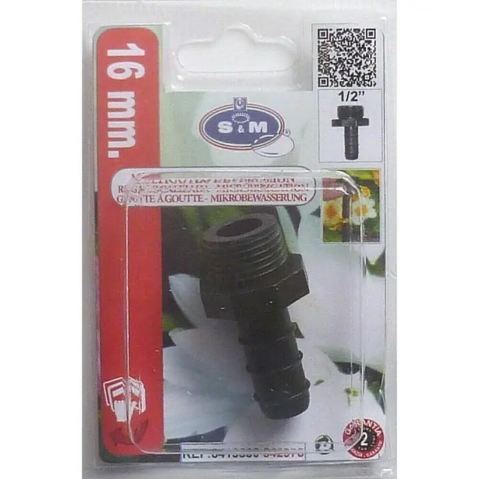 Conector para manguera goteo Macho - ½″, 16 mm, Plástico - Primer plano de un codo de riego de 16 mm S&M 1/2", ideal para la microirrigación de precisión en el jardín.