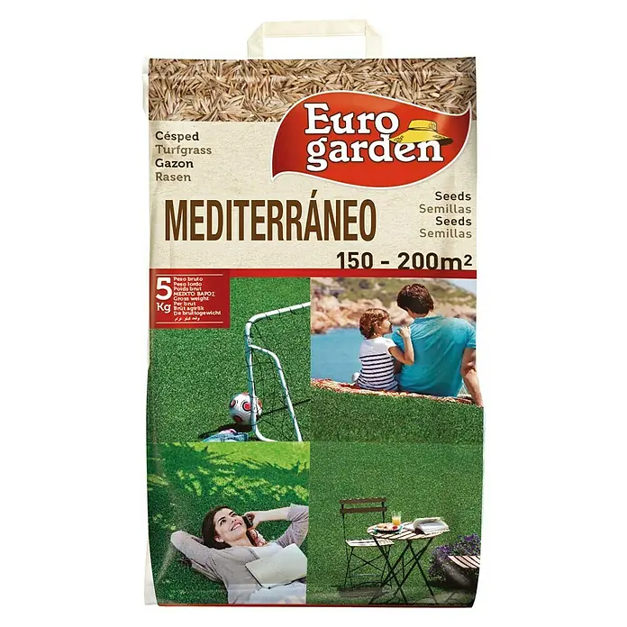 Euro Garden Semillas de césped mediterráneo - 5 kg, 200 m² - Semillas de césped Euro Garden Mediterráneo, aptas para 150-200m². Consigue un césped exuberante y verde sin esfuerzo.