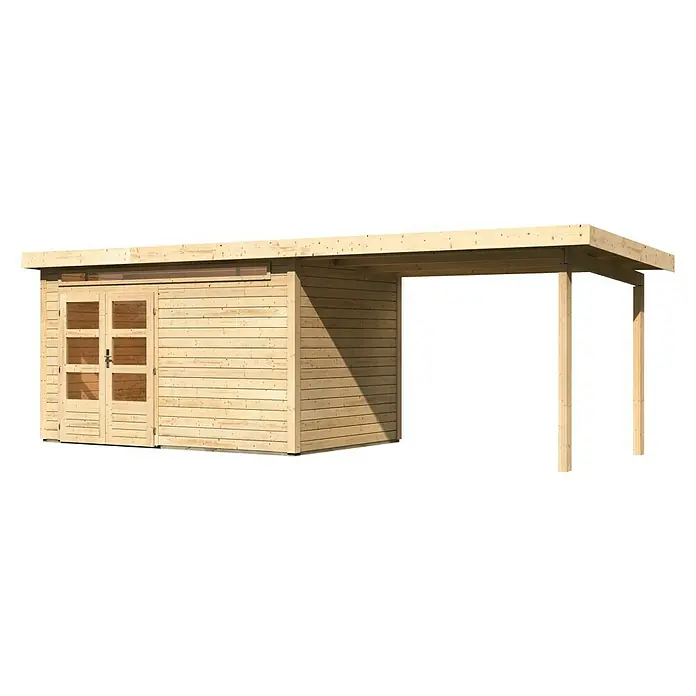 Karibu Gartenhaus Kandern 7 - Außenmaß inkl. Dachüberstand (B x T): 702 x 273 cm, Holz, Natur - Das Bild zeigt ein Gartenhaus aus Holz mit einem integrierten Carport, ideal für Gartenliebhaber und zur Aufbewahrung von Gartengeräten.