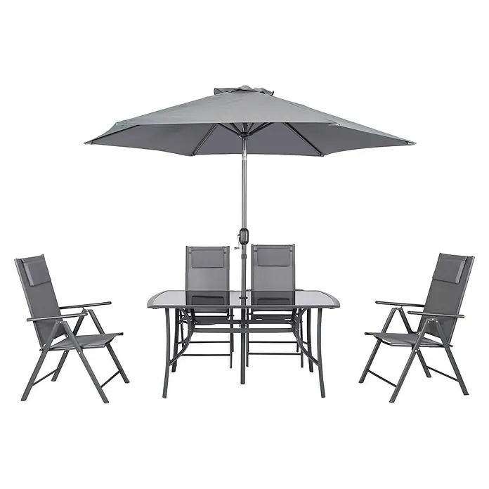 Set de muebles de jardín Donavan - 6 pzs., Antracita, Incluye Parasol - Conjunto de patio gris con mesa, cuatro sillas y sombrilla. Ideal para el jardín o patio para disfrutar de comidas al aire libre.