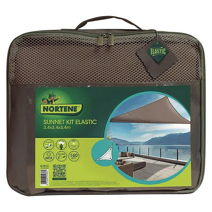 Nortene Toldo vela SUN-NET kit - 3,4 x 3,4 m, Marrón, Triangular - Embalaje del Nortene Sunnet Kit Elastic 3,4x3,4x3,4m. El kit de toldo ofrece protección UV y está hecho de material duradero y resistente al óxido.