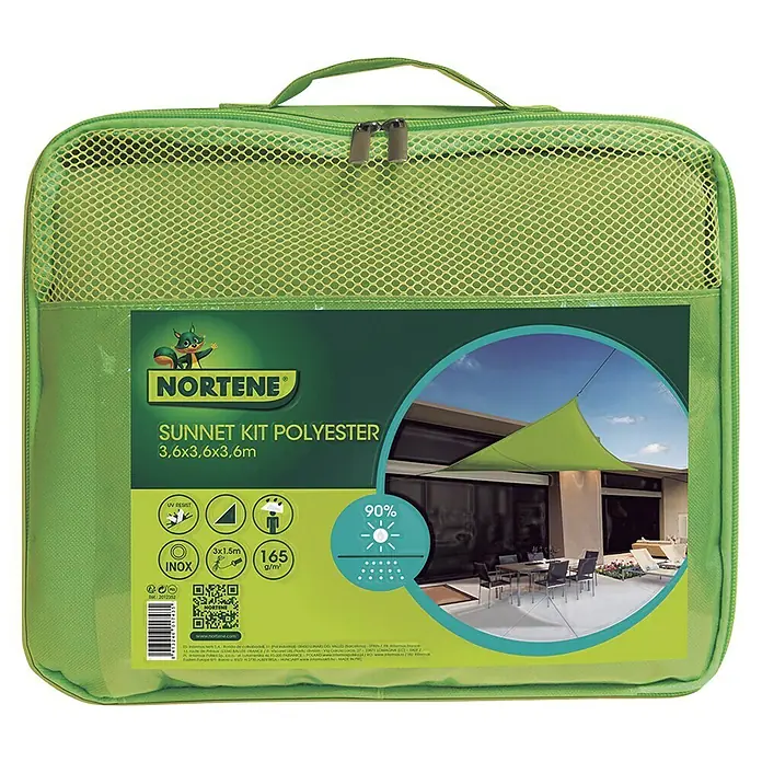 Nortene Toldo vela SUN-NET kit - 3,6 x 3,6 m, Verde, Triangular - Bolsa de transporte verde con kit parasol Nortene de poliéster, 3,6x3,6x3,6m, resistente a los rayos UV e INOX.