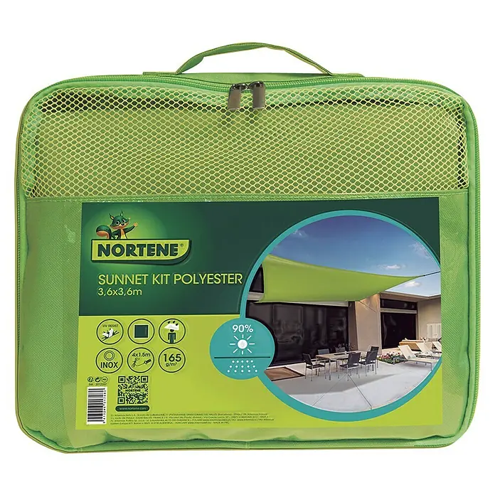 Nortene Toldo vela SUN-NET kit - 3,6 x 3,6 m, Verde, Poliéster, Cuadrado - El embalaje verde Nortene Sunnet Kit Polyester de 3,6x3,6m muestra información del producto y un asa para facilitar su transporte.