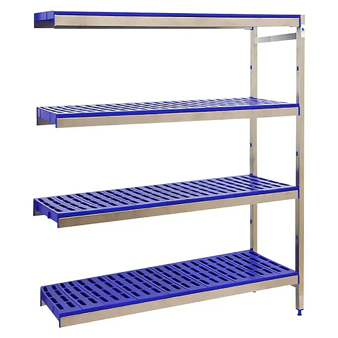 Simonrack Simoninox Metallregal Anbauelement - H x B x T: 160 x 166 x 40 cm, Traglast pro Boden: 180 kg, Anzahl Böden: 4 Stk., Stecken, Material Boden: Kunststoff - Ein Regal mit vier blauen, durchbrochenen Ablageflächen und einem silbernen Metallrahmen. Für Lagerung und Organisation konzipiert.