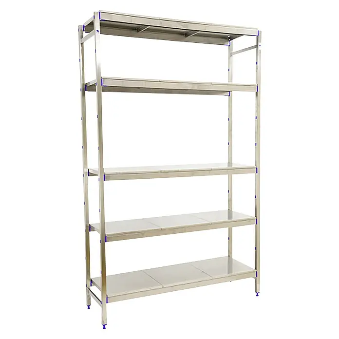 Simonrack Simoninox Metallregal Grundelement - H x B x T: 200 x 126 x 50 cm, Traglast pro Boden: 200 kg, Anzahl Böden: 5 Stk., Stecken, Material Boden: Edelstahl - Regal mit fünf Ebenen und quadratischen, beigefarbenen Einlegeböden und blau markierten Ecken.