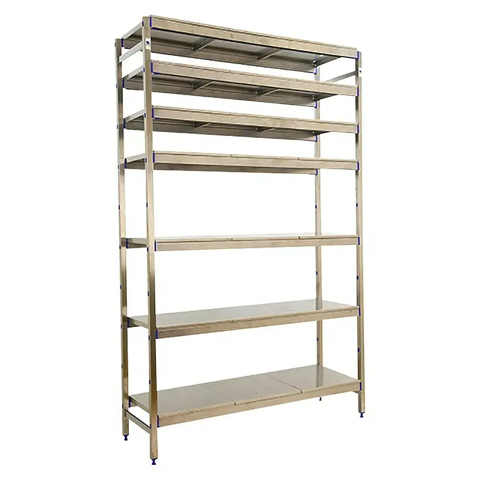 Simonrack Simoninox Metallregal Grundelement - H x B x T: 200 x 86 x 40 cm, Traglast pro Boden: 200 kg, Anzahl Böden: 7 Stk., Stecken, Material Boden: Edelstahl - Abbildung eines Regalsystems mit mehreren Ebenen, ideal für Lagerung und Organisation. Perfekt für den professionellen Einsatz.