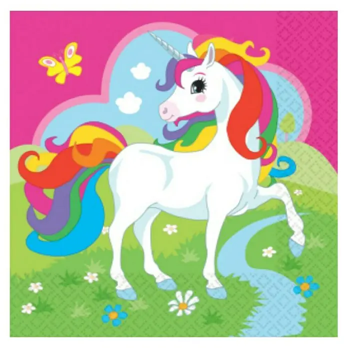 Serviette - 20 Stk., 33 x 33 cm, Einhorn - Einhorn-Serviette mit Regenbogenmähne und Schmetterling auf pinkfarbenem Hintergrund, ideal für fantasievolle Kindergeburtstage.