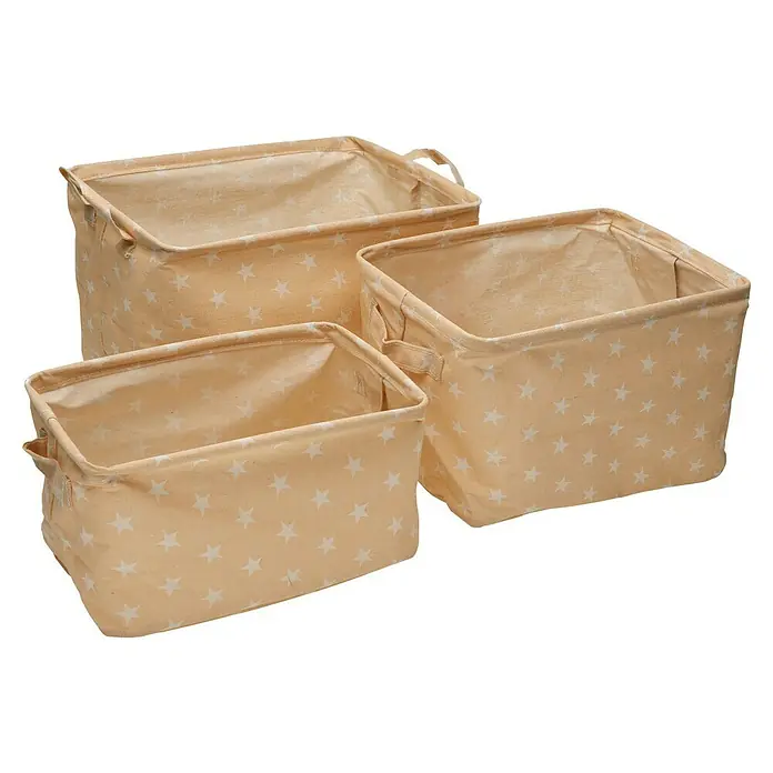 Versa Juego de cestas - Beige, Poliéster, 3 pzs. - Juego de cestas de almacenamiento hechas de tela beige con estrellas blancas, perfectas para organizar guarderías y salas de estar.