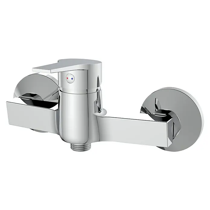 Grifo de ducha Hellis - Mezclador monomando, Cromo - Primer plano de un grifo de baño cromado brillante con un mango de palanca e indicadores de temperatura, que combina diseño moderno y funcionalidad.