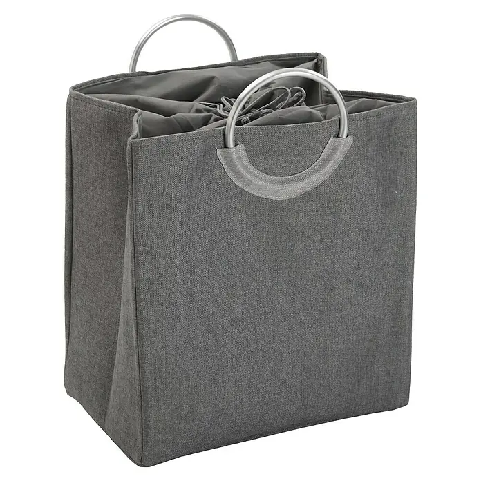 Versa Cesta para la ropa doble con asas - L x An x Al: 46 x 30 x 55 cm, Con 2 compartimentos, Gris - Cesto para la ropa sucia de tela gris con asas redondas de metal. El cesto está vacío y tiene un forro interior gris, perfecto para guardar la ropa.