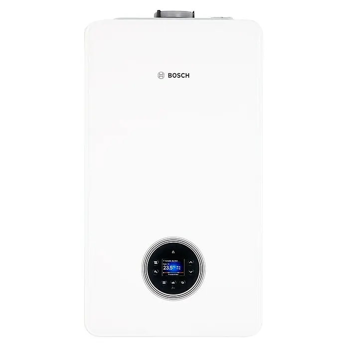 Bosch Caldera Condens 4700i W 24/30 - 30,6 kW, 6 l, Display multifunción - La imagen muestra una caldera blanca de Bosch con un panel de control circular y pantalla digital. La marca Bosch es bien visible.