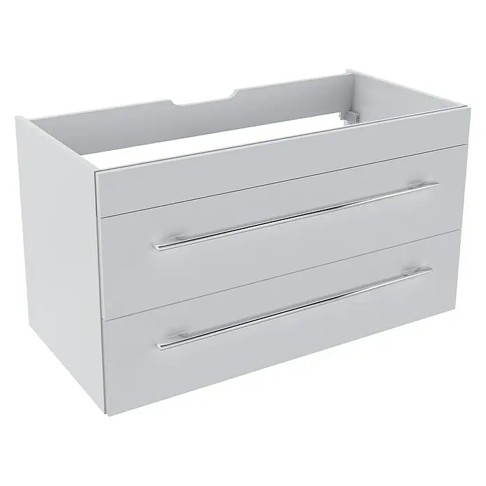 Camargue Stella Waschtischunterschrank - 99,4 x 48,8 x 55 cm, Ohne Beleuchtung, Weiß - Grauer Badezimmerschrank mit zwei Schubladen und silbernen Griffen. Das Design ist modern und minimalistisch gehalten.