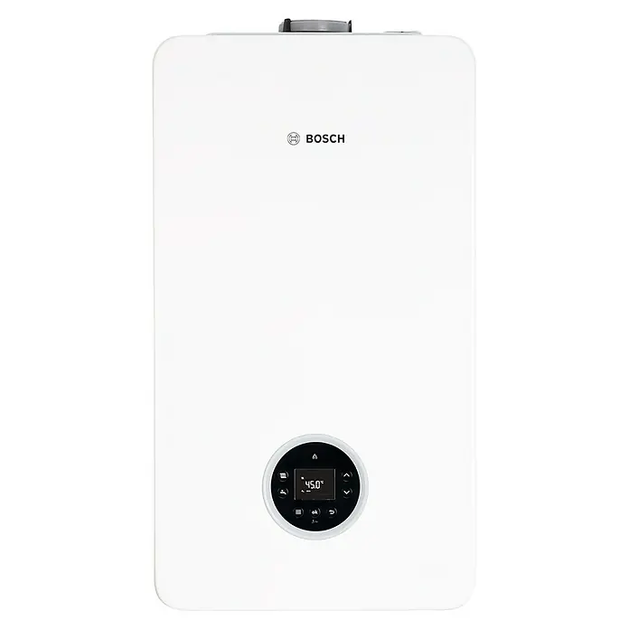 Bosch Caldera Condens 4300i W 24/25 C - 25,5 kW, 6 l, Gas butano, Display multifunción - Primer plano de una caldera de gas blanca Bosch con pantalla digital que muestra la temperatura, un sistema de calefacción moderno.