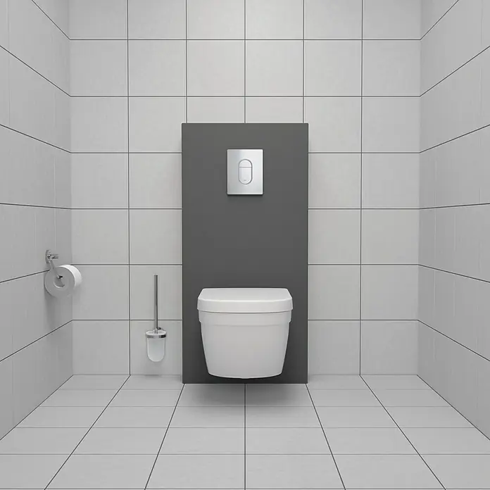 Grohe Essentials Toilettenpapierhalter - Ohne Deckel, Chrom, Glänzend - Wandhängendes WC in einem modernen Badezimmer mit weißen Fliesen und einem grauen Spülkasten, das Design und Funktionalität vereint.