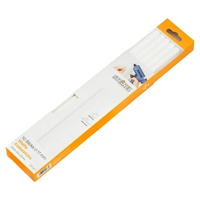 Steinel Klebepatronen Weiß - 10 Stk., Weiß, Durchmesser Klebepatrone: 11 mm - Eine Packung Steinel Klebesticks mit 10 weißen Klebesticks mit einem Durchmesser von 11 mm für Klebepistolen, ideal für Bastel- und Reparaturarbeiten.