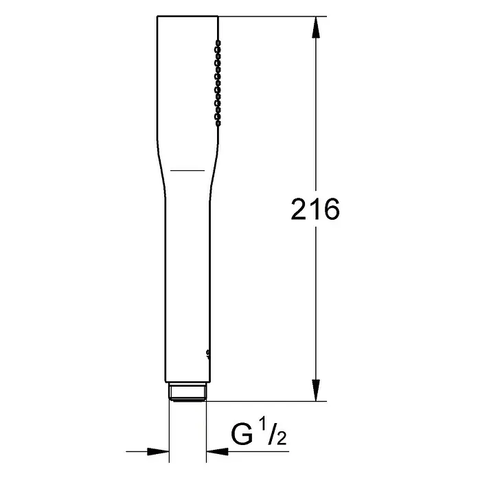 Grohe Handbrause Vitalio Get - Anzahl Funktionen: 1 Stk., Chrom - Abbildung einer Duschbrause mit den Maßen 216 mm Höhe und G 1/2 Zoll Anschluss.