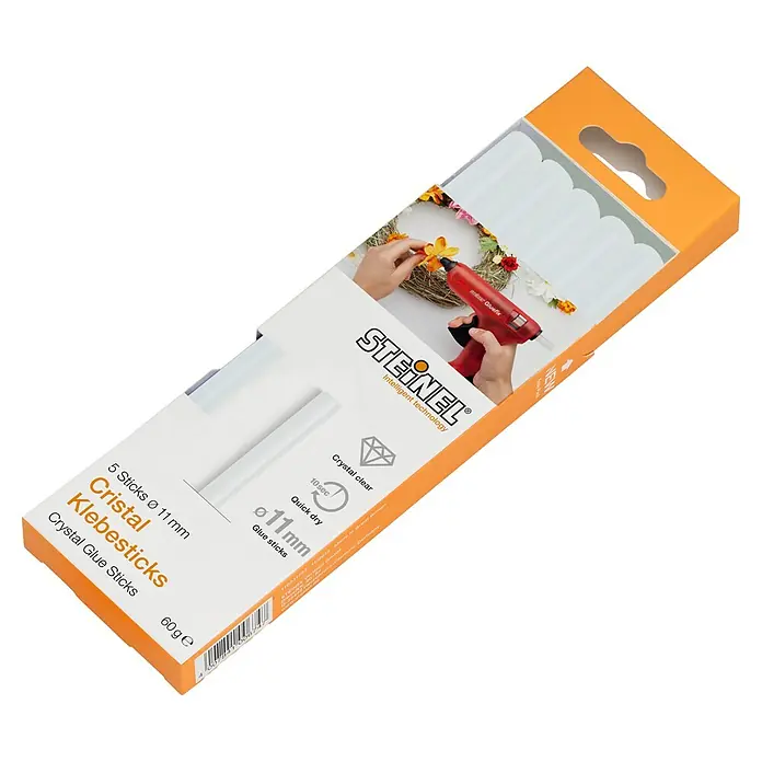 Steinel Klebepatronen Cristal - 5 Stk., Transparent, Durchmesser Klebepatrone: 11 mm - Abbildung der Cristal Klebesticks von Steinel, 5 Stück mit Ø 11 mm, ideal für präzise Klebearbeiten.