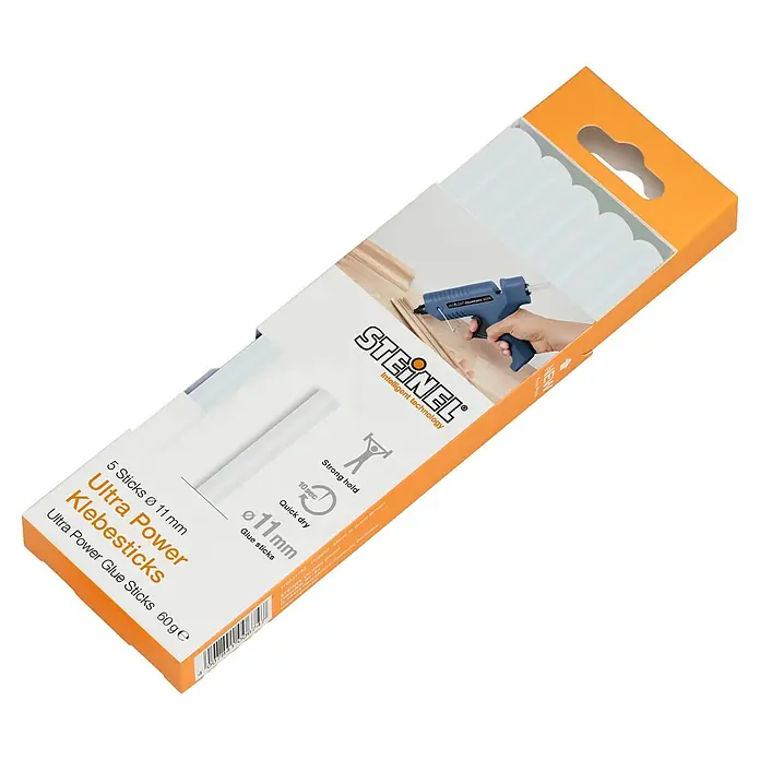Steinel Klebepatronen Ultra Power - 5 Stk., Transparent, Durchmesser Klebepatrone: 11 mm - Packung mit 5 Ultra Power Klebesticks Ø 11 mm von Steinel, ideal für verschiedene Klebeanwendungen mit starkem Halt.