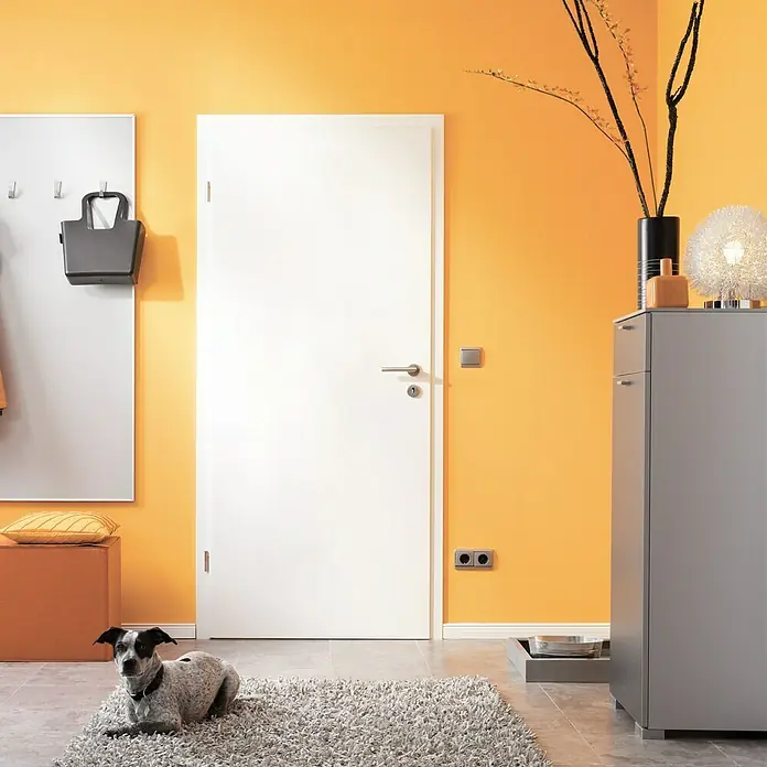 Kilsgaard Wohnungseingangstür Typ 52 SK1 KK3 - Klimaklasse nach RAL: III, 860 x 1.985 mm, DIN Anschlag: Links, Weiß lackiert, ähnlich RAL 9010 - Einladender Flur mit weißer Tür, grauem Schrank und einem niedlichen Hund auf einem flauschigen Teppich.