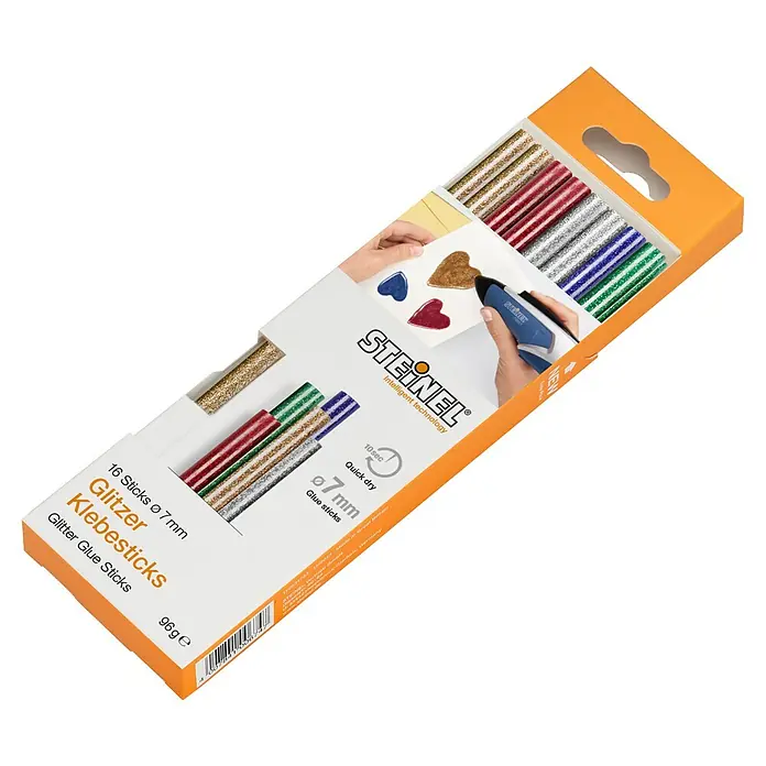 Steinel Klebepatronen Glitzer - 16 Stk., Gold, Silber, Grün, Blau, Rot, Durchmesser Klebepatrone: 7 mm - Glitzerklebestifte von STEINEL in einer 16er Packung mit Ø 7mm Durchmesser. Ideal zum Basteln und Dekorieren mit Glitzer-Effekt.
