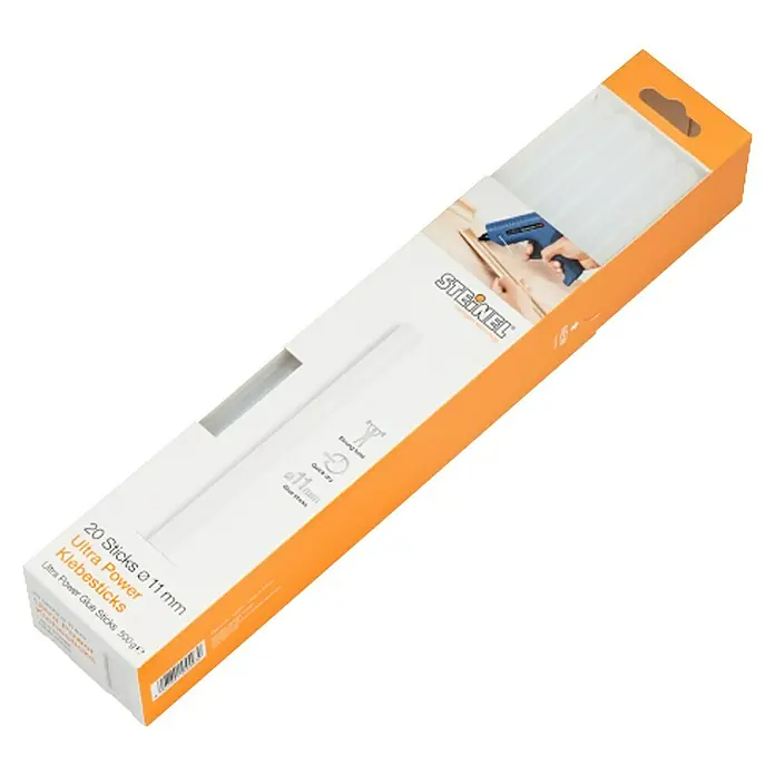 Steinel Klebepatronen Ultra Power - 20 Stk., Transparent, Durchmesser Klebepatrone: 11 mm - Eine Packung Steinel Ultra Power Klebesticks, 20 Stück mit einem Durchmesser von 11 mm, ideal für verschiedene Klebearbeiten.