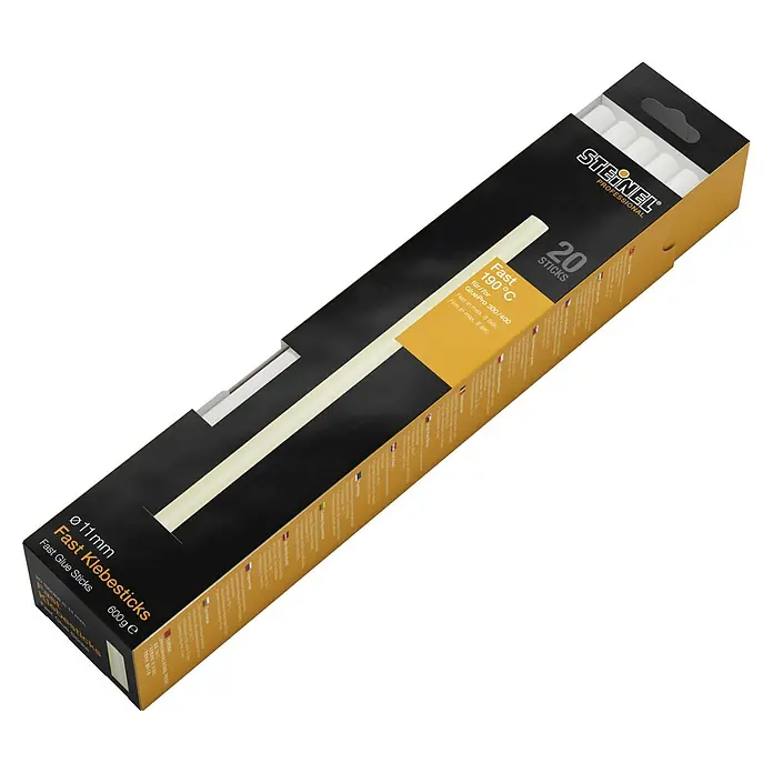 Steinel Klebepatronen Fast - 20 Stk., Transparent, Durchmesser Klebepatrone: 11 mm - Abbildung einer Packung Steinel Klebesticks, 11mm Durchmesser, schnell, 190°C, 20 Stück, geeignet für GluePro 300/400, 600g e.