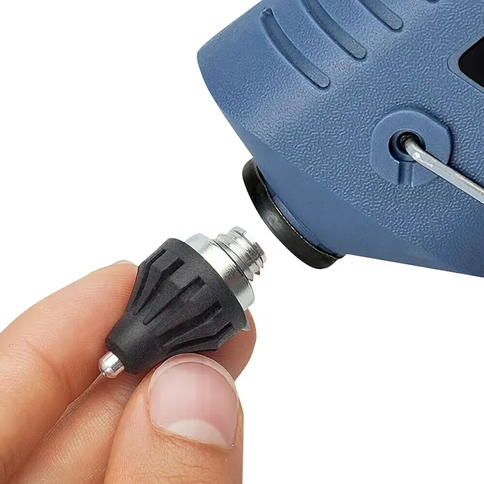 Steinel Heißklebepistole Gluematic 5000 - Durchmesser Klebepatrone: 11 mm, 500 W - Ein Präzisionswerkzeug mit einem schwarzen Aufsatz wird an einem blauen Werkzeug befestigt, ideal für feine Arbeiten und Modellbau.