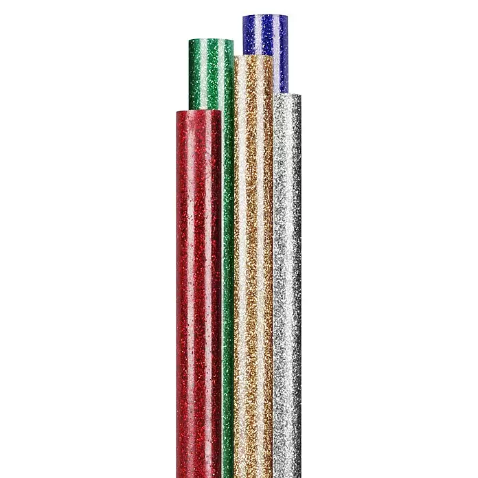 Steinel Klebepatronen Glitzer - 16 Stk., Gold, Silber, Grün, Blau, Rot, Durchmesser Klebepatrone: 7 mm - Sortiment von fünf Glitzerfolienrollen in Rot, Grün, Gold, Silber und Blau.