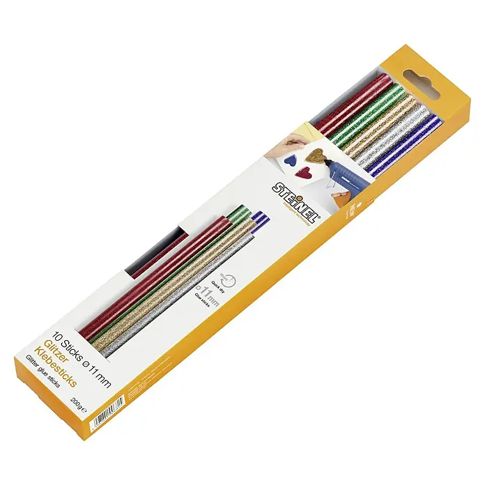 Steinel Klebepatronen Glitzer - 10 Stk., Gold, Silber, Grün, Blau, Rot, Durchmesser Klebepatrone: 11 mm - Packung mit Steinel Glitzer-Klebesticks, 10 Stück mit Ø 11 mm, ideal für kreative Bastelprojekte. Schnelle Trocknung für präzise Anwendungen.