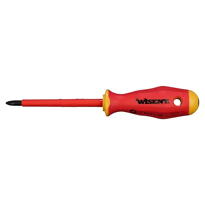 Wisent Schraubendreher VDE - PH 2, Klingenlänge: 100 mm - Wisent Schraubendreher mit rotem Griff und gelben Akzenten, ideal für präzise Schraubarbeiten.
