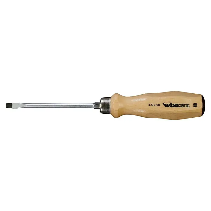 Wisent Schraubendreher - SL 4,5 mm, Klingenlänge: 90 mm - Bild einer WISENT Schlitzschraubendreher mit Holzgriff, ideal für präzise Schraubarbeiten. Das Werkzeug ist robust und langlebig.