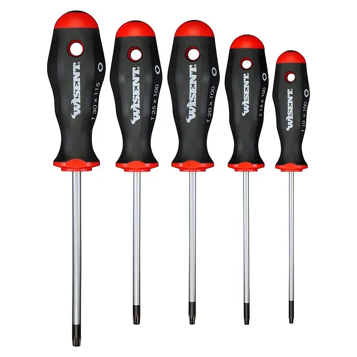 Wisent Schraubendreher-Set - Geeignet für: TORX®-Schrauben, 5 -tlg. - Das Bild zeigt ein Set von fünf WIISENT Torx Schraubendrehern mit roten und schwarzen Griffen, die in verschiedenen Größen erhältlich sind.