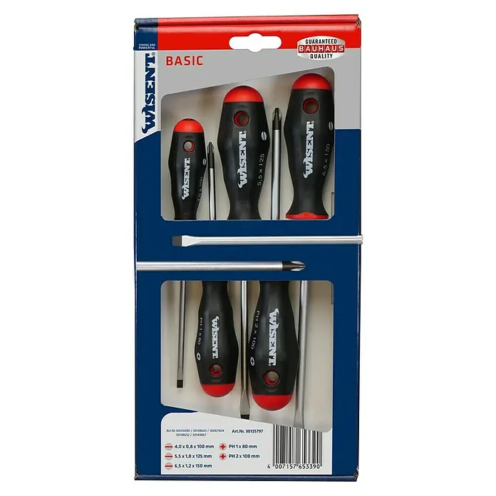 Wisent Schraubendreher-Set - Geeignet für: Schlitz und Kreuzschlitz PH, 5 -tlg. - Bild eines Wisent Basic Schraubendrehersets, das verschiedene Größen und Typen umfasst, verpackt in einer blauen und roten Kartonverpackung.