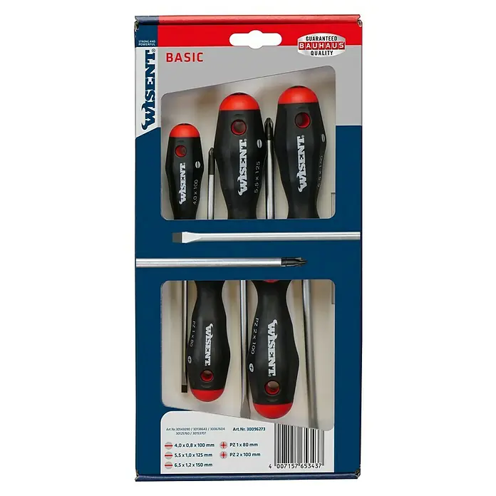 Wisent Schraubendreher-Set - Geeignet für: Schlitz- und Pozidriv-Schrauben, 5 -tlg. - Bild eines Wisent-Schraubendrehersatzes in einer roten und blauen Verpackung mit Größenangaben und Bauhaus-Qualitätsgarantie.