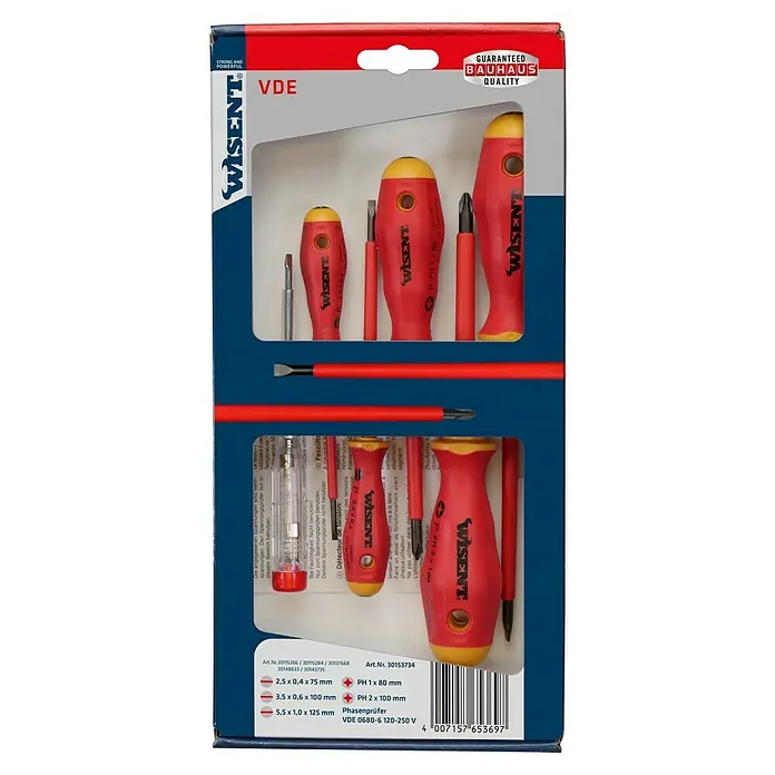 Wisent Schraubendreher-Set VDE - 6 -tlg., Geeignet für: Schlitz und Kreuzschlitz PH - Abbildung eines Wisent VDE Schraubendreher-Sets in Rot und Gelb. Garantiert Bauhaus-Qualität für kraftvolles Schrauben.
