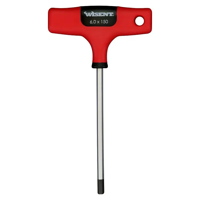 Wisent Stiftschlüssel mit T-Griff - Abtriebsgröße: 6 mm, Klingenlänge: 150 mm - Ein roter Wisent T-Griff Inbusschlüssel (6,0 x 150) mit silbernem Schaft und schwarzer Beschriftung, ideal für Werkstattarbeiten.