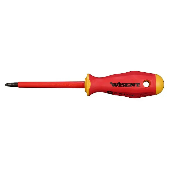 Wisent Schraubendreher VDE - PZ 2, Klingenlänge: 100 mm - Wisent PZ 2 x 100 Schraubendreher mit rotem Griff und gelben Akzenten. Isoliert für sicheres Arbeiten bis 1000 V. Made in Germany.